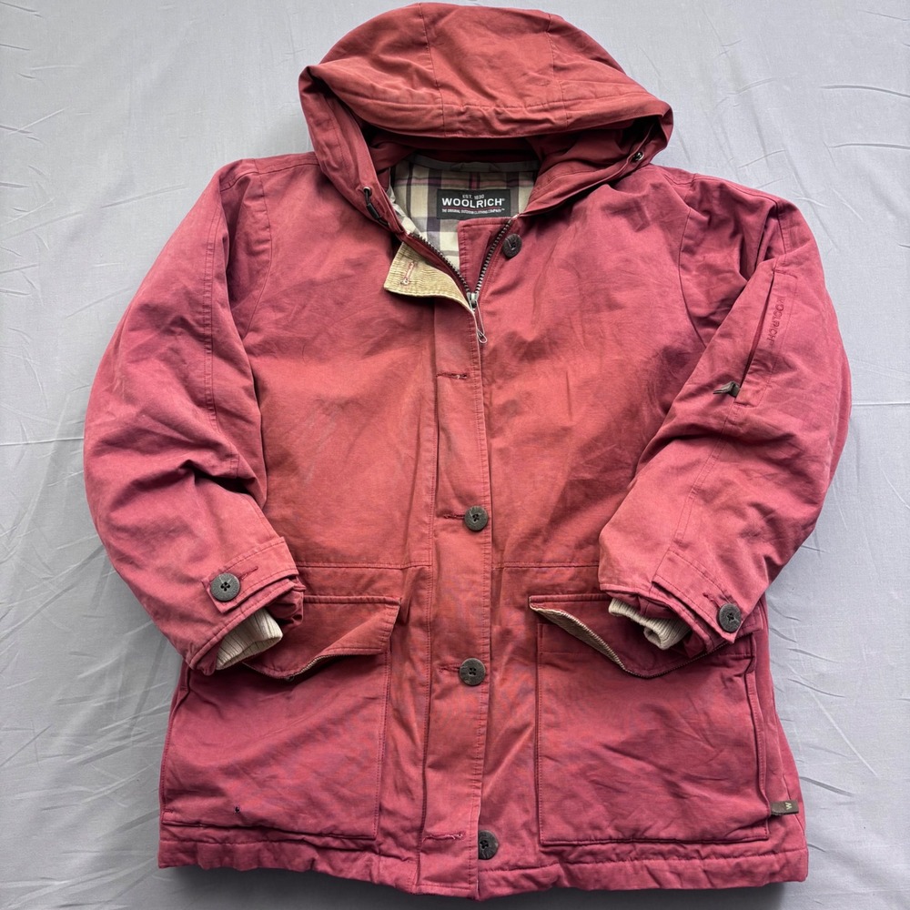 Vtg Woolrich Women's Arctic Parka Jacket Red Hooded Plaid‎ Lined Insulated Small